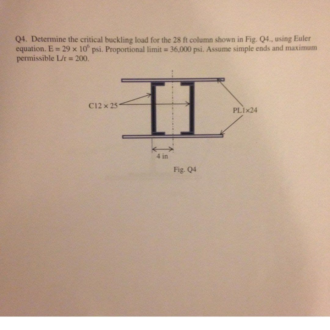 Q4. Determine the critical buckling load for the 28 ft column shown in Fig. Q4., using Euler
equation. E = 29 x 106 psi. Proportional limit = 36,000 psi. Assume simple ends and maximum
permissible L/r = 200.
C12 x 25
HI
4 in
Fig. Q4
PL1x24