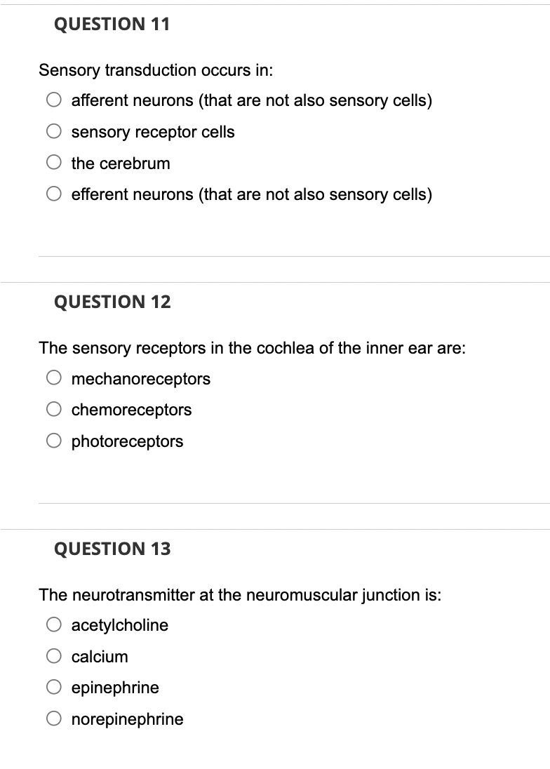 QUESTION 11
Sensory transduction occurs in:
afferent neurons (that are not also sensory cells)
O sensory receptor cells
O the cerebrum
O efferent neurons (that are not also sensory cells)
QUESTION 12
The sensory receptors in the cochlea of the inner ear are:
mechanoreceptors
chemoreceptors
O photoreceptors
O O
QUESTION 13
The neurotransmitter at the neuromuscular junction is:
acetylcholine
calcium
epinephrine
O norepinephrine
OO