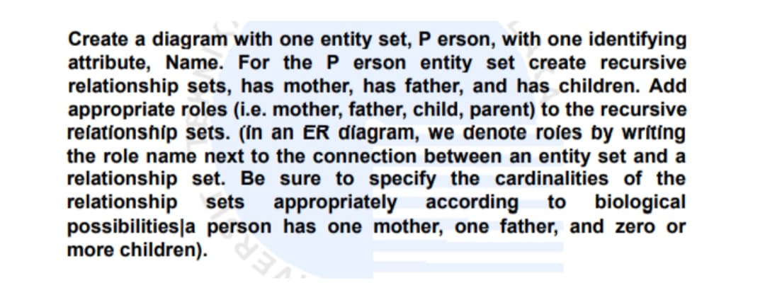 Create a diagram with one entity set, P erson, with one identifying
attribute, Name. For the P erson entity set create recursive
relationship sets, has mother, has father, and has children. Add
appropriate roles (i.e. mother, father, child, parent) to the recursive
refationship sets. (In an ER đíagram, we denote roſes by writing
the role name next to the connection between an entity set and a
relationship set. Be sure to specify the cardinalities of the
relationship
possibilities|a person has one mother, one father, and zero or
more children).
sets
appropriately according to biological
VER

