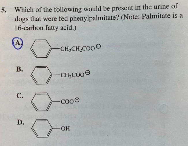 5. Which of the following would be present in the urine of
dogs that were fed phenylpalmitate? (Note: Palmitate is a
16-carbon fatty acid.)
(A.
B.
C.
D.
-CH₂CH₂COO
-CH₂COO
COOO
OH