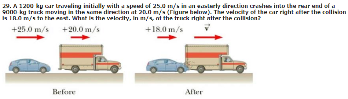 29. A 1200-kg car traveling initially with a speed of 25.0 m/s in an easterly direction crashes into the rear end of a
9000-kg truck moving in the same direction at 20.0 m/s (Figure below). The velocity of the car right after the collision
is 18.0 m/s to the east. What is the velocity, in m/s, of the truck right after the collision?
+25.0 m/s
+20.0 m/s
+18.0 m/s
Before
After
