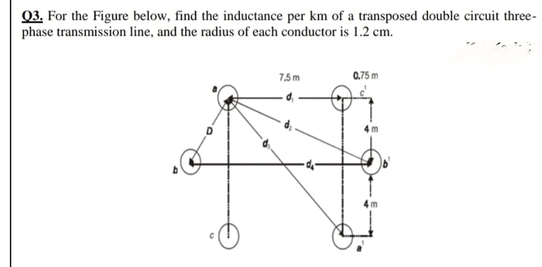 Q3. For the Figure below, find the inductance per km of a transposed double circuit three-
phase transmission line, and the radius of each conductor is 1.2 cm.
7,5 m
0.75 m
4 m
4 m
