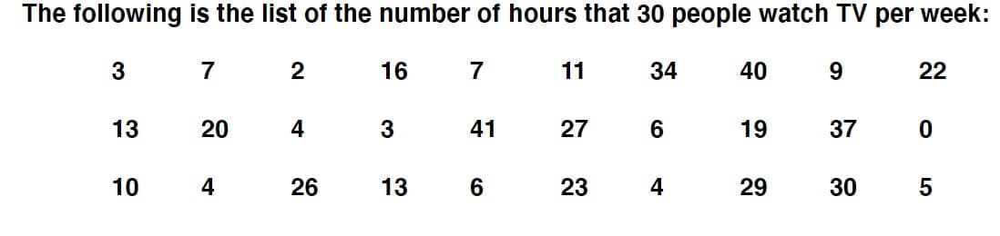 The following is the list of the number of hours that 30 people watch TV per week:
3
7
16
7
11
34
40
9.
22
13
20
4
3
41
27
6.
19
37
10
26
13
6.
4
29
30
23
4-
