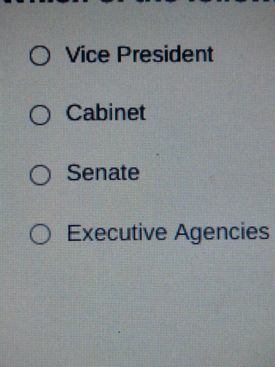 O Vice President
O Cabinet
O Senate
O Executive Agencies
