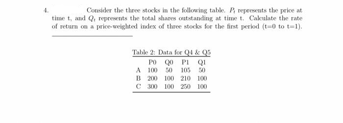 Consider the three stocks in the following table. P, represents the price at
time t, and Q, represents the total shares outstanding at time t. Calculate the rate
of return on a price-weighted index of three stocks for the first period (t=0 to t=1).
Table 2: Data for Q4 & Q5
Q0 P1 Q1
PO
100 50 105 50
A
B 200
100 210 100
C 300 100 250 100