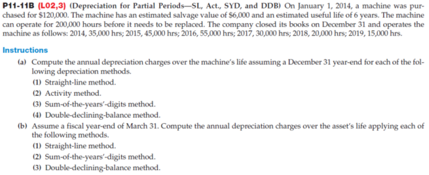 P11-11B (LO2,3) (Depreciation for Partial Periods–SL, Act., SYD, and DDB) On January 1, 2014, a machine was pur-
chased for $120,000. The machine has an estimated salvage value of $6,000 and an estimated useful life of 6 years. The machine
can operate for 200,000 hours before it needs to be replaced. The company closed its books on December 31 and operates the
machine as follows: 2014, 35,000 hrs; 2015, 45,000 hrs; 2016, 55,000 hrs; 2017, 30,000 hrs; 2018, 20,000 hrs; 2019, 15,000 hrs.
Instructions
(a) Compute the annual depreciation charges over the machine's life assuming a December 31 year-end for each of the fol-
lowing depreciation methods.
(1) Straight-line method.
(2) Activity method.
(3) Sum-of-the-years“-digits method.
(4) Double-declining-balance method.
(b) Assume a fiscal year-end of March 31. Compute the annual depreciation charges over the asseť's life applying each of
the following methods.
(1) Straight-line method.
(2) Sum-of-the-years'-digits method.
(3) Double-declining-balance method.
