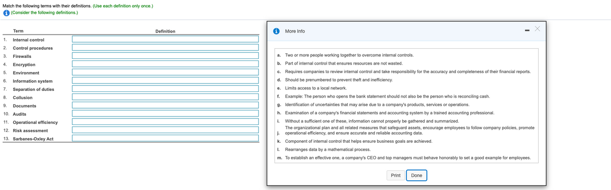 Match the following terms with their definitions. (Use each definition only once.)
A (Consider the following definitions.)
Term
Definition
More Info
1.
Internal control
2.
Control procedures
3.
Firewalls
a. Two or more people working together to overcome internal controls.
4.
Encryption
b. Part of internal control that ensures resources are not wasted.
5.
Environment
c. Requires companies to review internal control and take responsibility for the accuracy and completeness of their financial reports.
6.
Information system
d. Should be prenumbered to prevent theft and inefficiency.
7.
Separation of duties
e. Limits access to a local network.
8.
Collusion
f. Example: The person who opens the bank statement should not also be the person who is reconciling cash.
9.
Documents
g. Identification of uncertainties that may arise due to a company's products, services or operations.
10. Audits
h. Examination of a company's financial statements and accounting system by a trained accounting professional.
11. Operational efficiency
i.
Without a sufficient one of these, information cannot properly be gathered and summarized.
The organizational plan and all related measures that safeguard assets, encourage employees to follow company policies, promote
j. operational efficiency, and ensure accurate and reliable accounting data.
12.
Risk assessment
13. Sarbanes-Oxley Act
k. Component of internal control that helps ensure business goals are achieved.
I.
Rearranges data by a mathematical process.
m. To establish an effective one, a company's CEO and top managers must behave honorably to set a good example for employees.
Print
Done
