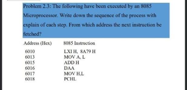 Problem 2.3: The following have been executed by an 8085
Microprocessor. Write down the sequence of the process with
explain of cach step. From which address the next instruction be
fetched?
Address (Hex)
8085 Instruction
6010
6013
6015
LXI H, 8A79 H
MOV A, L
ADD H
DAA
MOV H,L
6016
6017
6018
PCHL
