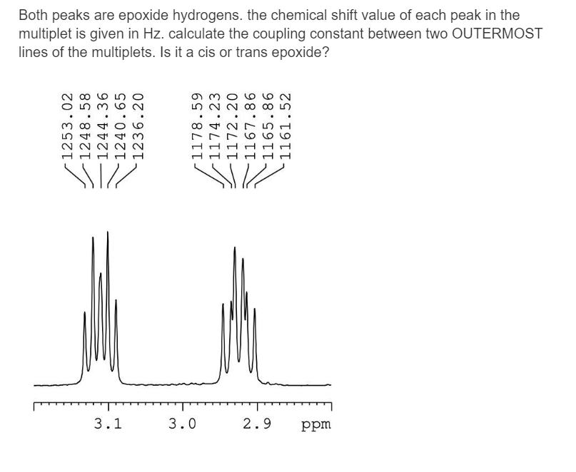 Both peaks are epoxide hydrogens. the chemical shift value of each peak in the
multiplet is given in Hz. calculate the coupling constant between two OUTERMOST
lines of the multiplets. Is it a cis or
trans
epoxide?
1253.02
1248.58
1244.36
1240.65
1236.20
\\/ //
3.1
1178.59
1174.23
1172.20
1167.86
1165.86
1161.52
3.0
////
2.9 ppm