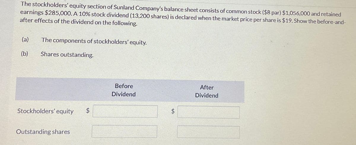 The stockholders' equity section of Sunland Company's balance sheet consists of common stock ($8 par) $1,056,000 and retained
earnings $285,000. A 10% stock dividend (13,200 shares) is declared when the market price per share is $19. Show the before-and-
after effects of the dividend on the following.
(a) The components of stockholders' equity.
(b)
Shares outstanding.
Stockholders' equity $
Outstanding shares
Before
Dividend
LA
$
After
Dividend