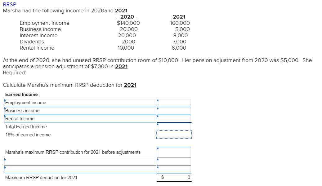 RRSP
Marsha had the following income in 2020and 2021
Employment income
Business income
Interest Income
Dividends
Rental Income
2020
$140,000
20,000
20,000
2000
10,000
Calculate Marsha's maximum RRSP deduction for 2021
Earned Income
Employment income
Business income
Rental Income
Total Earned Income
18% of earned income
Maximum RRSP deduction for 2021
Marsha's maximum RRSP contribution for 2021 before adjustments
At the end of 2020, she had unused RRSP contribution room of $10,000. Her pension adjustment from 2020 was $5,000. She
anticipates a pension adjustment of $7,000 in 2021.
Required:
2021
160,000
$
5,000
8,000
7,000
6,000
0