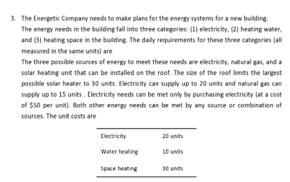 3. The Energetic Company needs to make plans for the energy systems for a new building.
The energy needs in the building fall into three categories: (1) electricity, (2) heating water,
and (3) heating space in the building. The daily requirements for these three categories (all
measured in the same units) are
The three possible sources of energy to meet these needs are electricity, natural gas, and a
solar heating unit that can be installed on the roof. The size of the roof limits the largest
possible solar heater to 30 units. Electricity can supply up to 20 units and natural gas can
supply up to 15 units . Electricity needs can be met only by purchasing electricity (at a cost
of $50 per unit). Both other energy needs can be met by any source or combination of
sources. The unit costs are
Electricity
20 units
Water heating
10 units
Space heating
30 units

