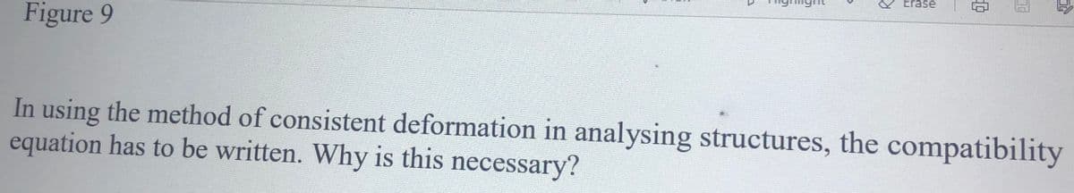 Erase
Figure 9
In using the method of consistent deformation in analysing structures, the compatibility
equation has to be written. Why is this necessary?
