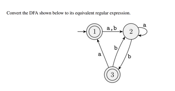 Convert the DFA shown below to its equivalent regular expression.
1
a
a, b
b
3
2
b
a