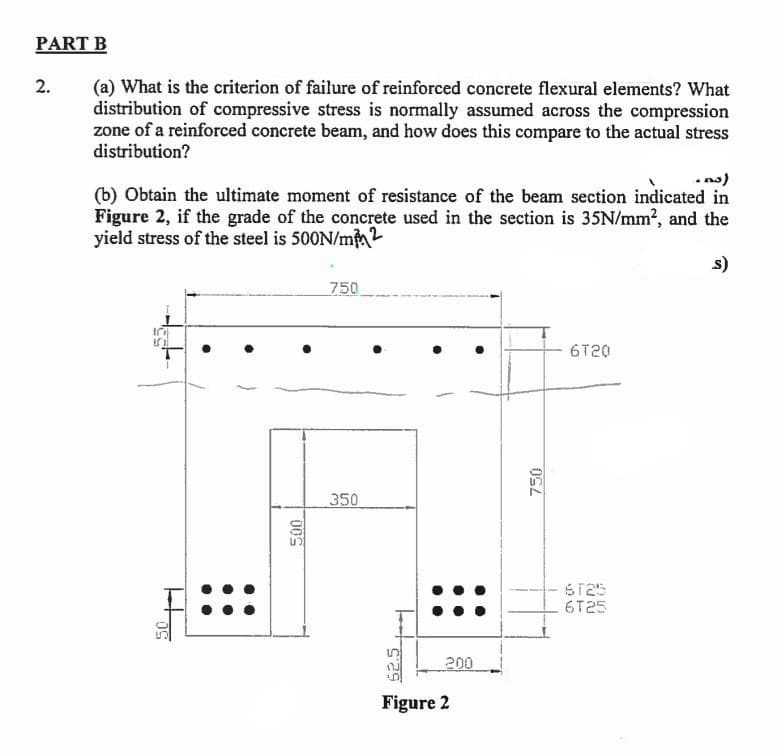 PART B
2.
(a) What is the criterion of failure of reinforced concrete flexural elements? What
distribution of compressive stress is normally assumed across the compression
zone of a reinforced concrete beam, and how does this compare to the actual stress
distribution?
(b) Obtain the ultimate moment of resistance of the beam section indicated in
Figure 2, if the grade of the concrete used in the section is 35N/mm?, and the
yield stress of the steel is 500N/m2
s)
750
6T20
350
ST25
6T25
200
Figure 2
