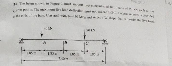 quarter points. The maximum live load deflection must not exceed L/240. Lateral support is provided
01 The beam shown in Figure 3 must support two concentrated live loads of 90 kN cah at ake
he ends of the bam. Use steel with fy 450 MPa and select a W shape that can resist the live Josd
90 kN
90 kN
1.85 m
1.85 m
1.85 m
1.85 m
7.40 m
