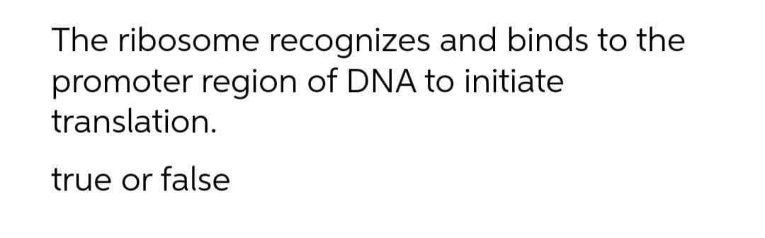 The ribosome recognizes and binds to the
promoter region of DNA to initiate
translation.
true or false
