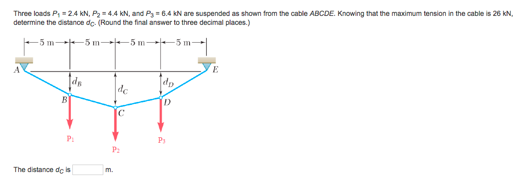 Three loads P₁ = 2.4 kN, P₂ = 4.4 kN, and P3 = 6.4 kN are suspended as shown from the cable ABCDE. Knowing that the maximum tension in the cable is 26 kN,
determine the distance dc. (Round the final answer to three decimal places.)
-5 m5 m
5 m
5 m
[dB
B
P₁
The distance dc is
dc
m.
C
P₂
dp
D
P3
E