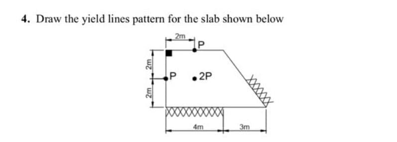 4. Draw the yield lines pattern for the slab shown below
2m
P
• 2P
4m
3m
XXXXXX
