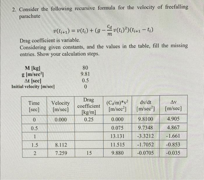 2. Consider the following recursive formula for the velocity of freefalling
parachute
Drag coefficient is variable.
Considering given constants, and the values in the table, fill the missing
entries. Show your calculation steps.
v(ti+1)= v(t₁) + (g-v(ti)²) (t₁+1 - ti)
M [kg]
g [m/sec²]
At [sec]
Initial velocity [m/sec]
Time
[sec]
0
0.5
1
1.5
2
Velocity
[m/sec]
0.000
8.112
7.259
80
9.81
0.5
0
Drag
coefficient
[kg/m]
0.25
15
(Ca/m)*v²
[m/sec²]
0.000
0.075
13.131
11.515
9.880
dv/dt
[m/sec²]
9.8100
9.7348
-3.3212
-1.7052
-0.0705
Av
[m/sec]
4.905
.867
-1.661
-0.853
-0.035