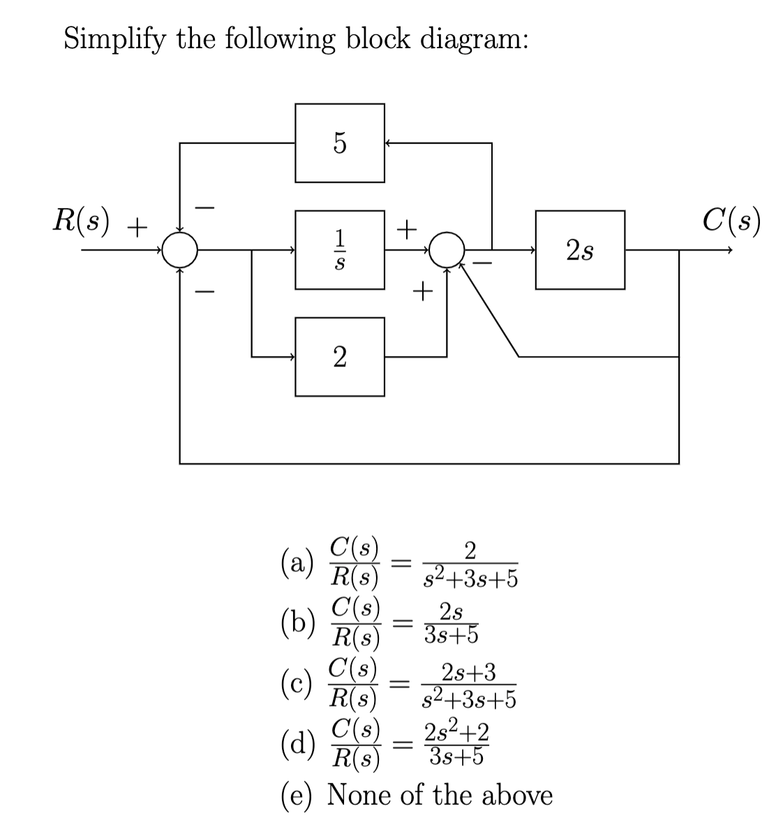 Simplify the following block diagram:
R(s) +
5
1
S
2
C(s)
R(s)
+
C(s)
R(s)
C(s)
R(s)
(a)
(b)
(c)
C(s)
2s²+2
(d)
R(s) 3s+5
(e) None of the above
=
=
=
+
=
2
s²+3s+5
2s
3s+5
2s+3
s²+3s+5
2s
C(s)