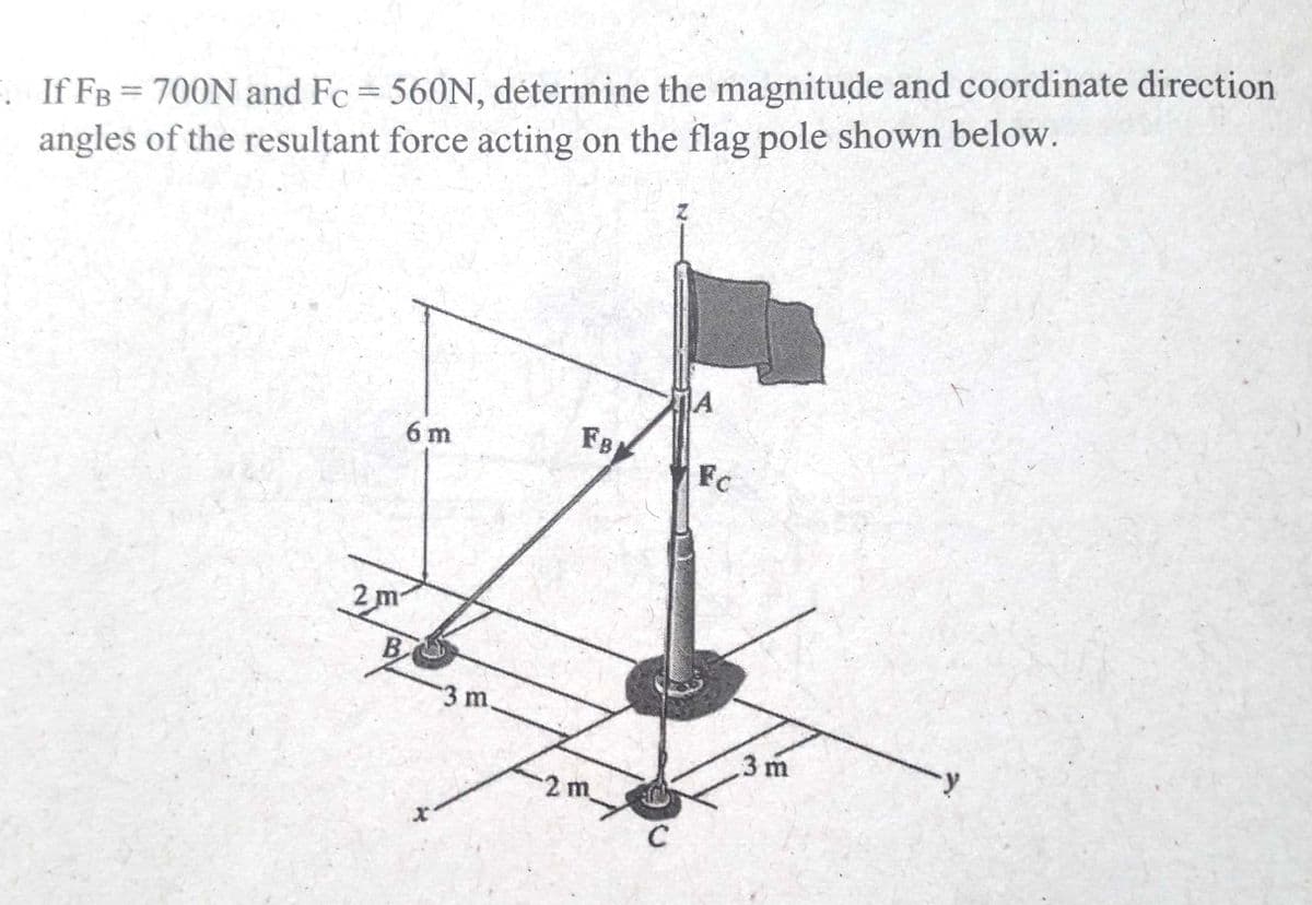 : If FB = 700N and Fc = 560N, détermine the magnitude and coordinate direction
angles of the resultant force acting on the flag pole shown below.
A
6 m
FB
Fc
2m
B
3 m.
3 m
2m.
C
