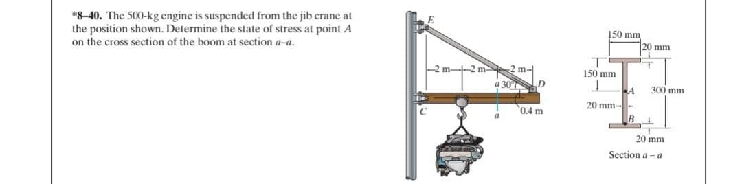 *8-40. The 500-kg engine is suspended from the jib crane at
the position shown. Determine the state of stress at point A
on the cross section of the boom at section a-a.
150 mm
20 mm
2 m--2 m
2 m-
150 mm
a 307
JA
300 mm
20 mm--
0,4 m
20 mm
Section a - a
