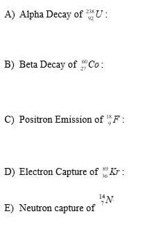 A) Alpha Decay of U:
B) Beta Decay of "Co:
C) Positron Emission of F:
D) Electron Capture of Kr:
E) Neutron capture of
