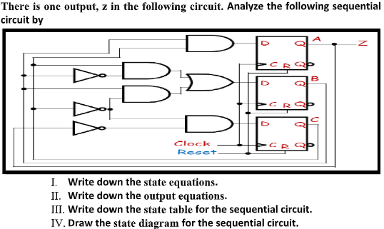 There is one output, z in the following circuit. Analyze the following sequential
circuit by
B
Clock
Reset
I. Write down the state equations.
II. Write down the output equations.
III. Write down the state table for the sequential circuit.
IV. Draw the state diagram for the sequential circuit.
