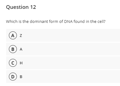 Question 12
Which is the dominant form of DNA found in the cell?
A) z
в) А
с) н
D
B.
