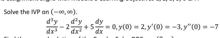 Solve the IVP on (-∞, ∞).
d³ y d²y
dx3
i
-
dy
+5- =
dx² dx
2-
0, y(0) = 2, y' (0) = −3, y'(0) = -7