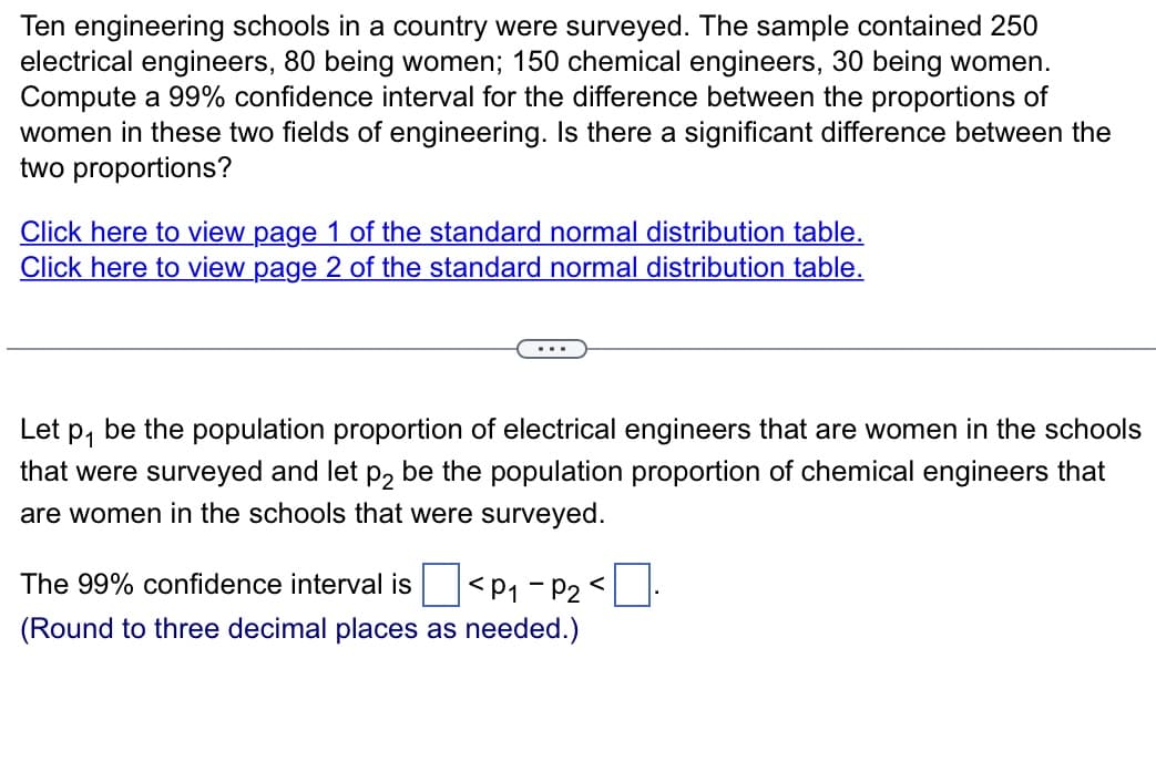 Ten engineering schools in a country were surveyed. The sample contained 250
electrical engineers, 80 being women; 150 chemical engineers, 30 being women.
Compute a 99% confidence interval for the difference between the proportions of
women in these two fields of engineering. Is there a significant difference between the
two proportions?
Click here to view page 1 of the standard normal distribution table.
Click here to view page 2 of the standard normal distribution table.
Let p₁ be the population proportion of electrical engineers that are women in the schools
that were surveyed and let på be the population proportion of chemical engineers that
are women in the schools that were surveyed.
<P₁-P₂<
The 99% confidence interval is
(Round to three decimal places as needed.)
