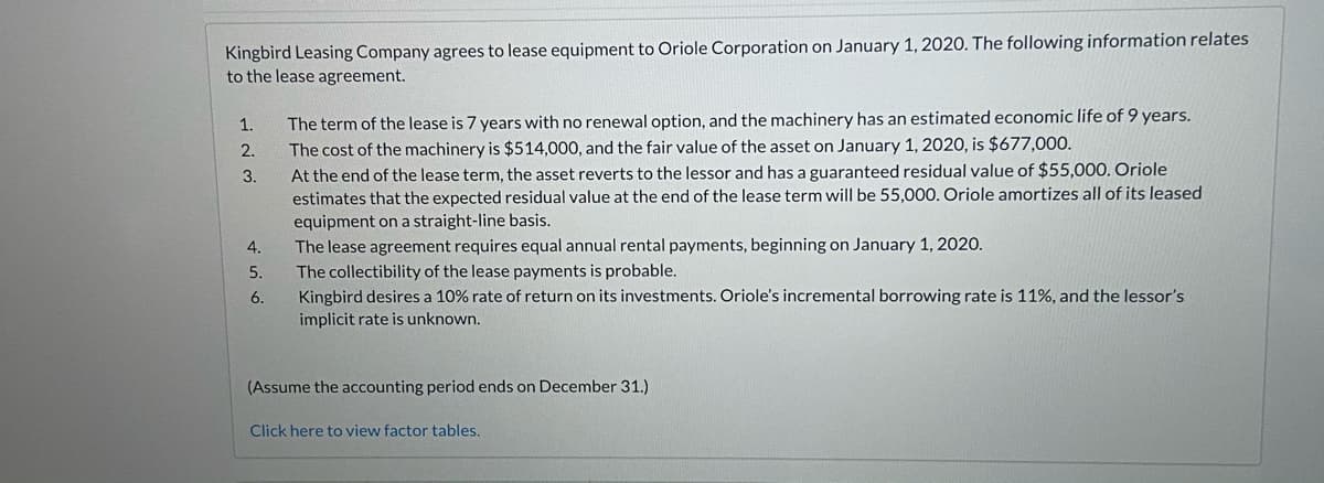 Kingbird Leasing Company agrees to lease equipment to Oriole Corporation on January 1, 2020. The following information relates
to the lease agreement.
The term of the lease is 7 years with no renewal option, and the machinery has an estimated economic life of 9 years.
The cost of the machinery is $514,000, and the fair value of the asset on January 1, 2020, is $677,000.
At the end of the lease term, the asset reverts to the lessor and has a guaranteed residual value of $55,000. Oriole
estimates that the expected residual value at the end of the lease term will be 55,000. Oriole amortizes all of its leased
1.
2.
3.
equipment on a straight-line basis.
The lease agreement requires equal annual rental payments, beginning on January 1, 2020.
The collectibility of the lease payments is probable.
4.
5.
6.
Kingbird desires a 10% rate of return on its investments. Oriole's incremental borrowing rate is 11%, and the lessor's
implicit rate is unknown.
(Assume the accounting period ends on December 31.)
Click here to view factor tables.
