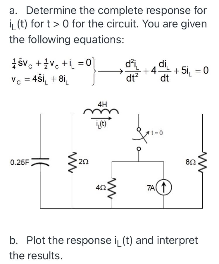 a. Determine the complete response for
i, (t) for t > 0 for the circuit. You are given
the following equations:
1 SVc + ivo +i =이
Vc = 4ŝi_ + 8i_
di
di
+4-
dt?
dt
+ 5i, = 0
->
%3D
4H
i,(t)'
t%3D0
0.25F
22
8Ω
TA( 1)
b. Plot the response i (t) and interpret
the results.
