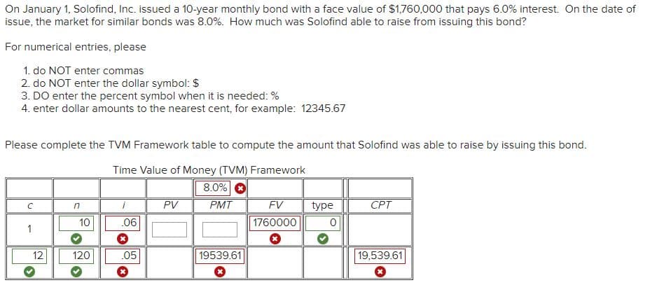 On January 1, Solofind, Inc. issued a 10-year monthly bond with a face value of $1,760,000 that pays 6.0% interest. On the date of
issue, the market for similar bonds was 8.0%. How much was Solofind able to raise from issuing this bond?
For numerical entries, please
1. do NOT enter commas
2. do NOT enter the dollar symbol: $
3. DO enter the percent symbol when it is needed: %
4. enter dollar amounts to the nearest cent, for example: 12345.67
Please complete the TVM Framework table to compute the amount that Solofind was able to raise by issuing this bond.
Time Value of Money (TVM) Framework
8.0%
с
1
12
n
10
120
¡
.06
.05
PV
PMT
19539.61
FV type
1760000
0
CPT
19,539.61