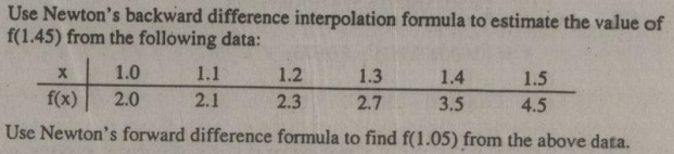 Use Newton's backward difference interpolation formula to estimate the value of
f(1.45) from the following data:
1.0
1.1
1.2
1.3
1.4
1.5
f(x)
2.0
2.1
2.3
2.7
3.5
4.5
Use Newton's forward difference formula to find f(1.05) from the above data.
