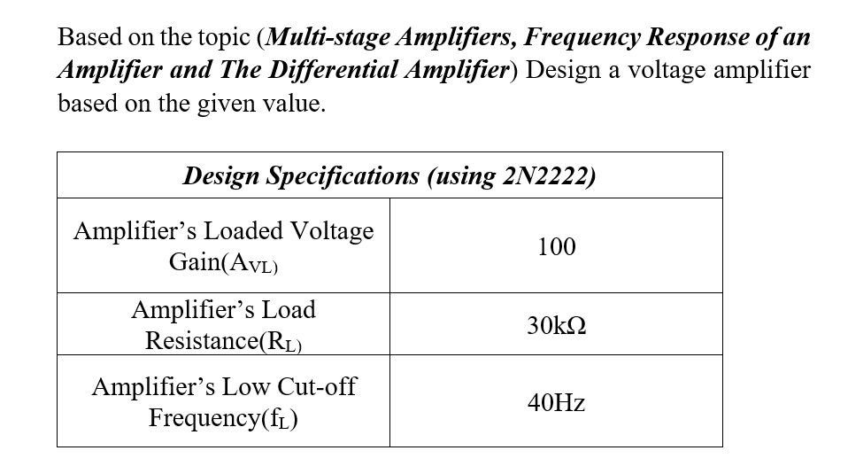 Based on the topic (Multi-stage Amplifiers, Frequency Response of an
Amplifier and The Differential Amplifier) Design a voltage amplifier
based on the given value.
Design Specifications (using 2N2222)
Amplifier's Loaded Voltage
Gain(AVL)
100
Amplifier's Load
Resistance(RL)
30k2
Amplifier's Low Cut-off
Frequency(ft)
40HZ
