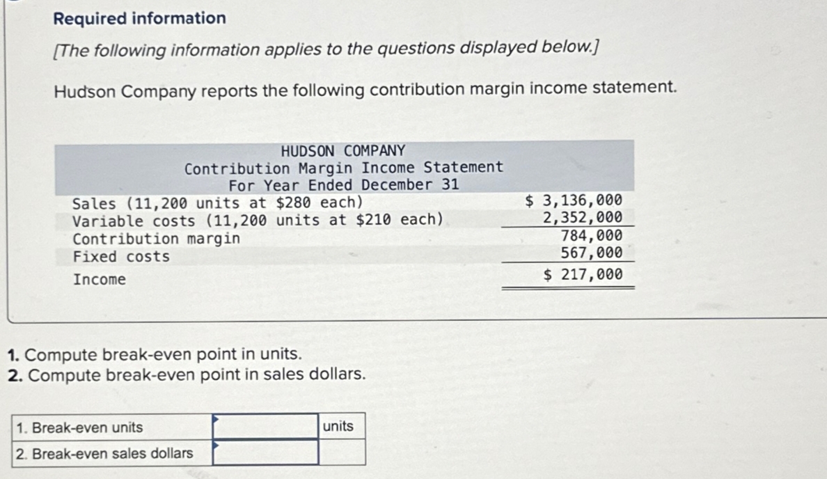 Required information
[The following information applies to the questions displayed below.]
Hudson Company reports the following contribution margin income statement.
HUDSON COMPANY
Contribution Margin Income Statement
For Year Ended December 31
Sales (11,200 units at $280 each)
Variable costs (11,200 units at $210 each)
Contribution margin
Fixed costs
Income
$ 3,136,000
2,352,000
784,000
567,000
$ 217,000
1. Compute break-even point in units.
2. Compute break-even point in sales dollars.
1. Break-even units
2. Break-even sales dollars
units