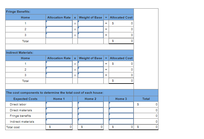 Fringe Benefits:
Home
Allocation Rate
x Weight of Base
1
x
2
X
3
Total
Indirect Materials:
Home
Allocation Rate
x Weight of Base
1
=
2
=
3
=
X
Total
The cost components to determine the total cost of each house:
Expected Costs
Home 1
Home 2
Direct labor
Direct materials
Fringe benefits
Indirect materials
Total cost
$
0
S
0
= Allocated Cost
$
0
0
0
$
0
Allocated Cost
$
0
||
=
$
$
Home 3
0
0
0
0
$
$
Total
0
0
0
0
0