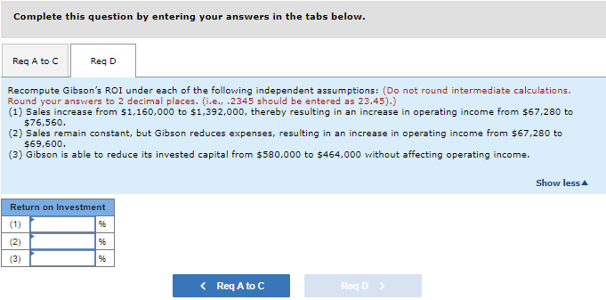Complete this question by entering your answers in the tabs below.
Req A to C
Reg D
Recompute Gibson's ROI under each of the following independent assumptions: (Do not round intermediate calculations.
Round your answers to 2 decimal places. (i.e., .2345 should be entered as 23.45).)
(1) Sales increase from $1,160,000 to $1,392,000, thereby resulting in an increase in operating income from $67,280 to
$76,560.
(2) Sales remain constant, but Gibson reduces expenses, resulting in an increase in operating income from $67,280 to
$69,600.
(3) Gibson is able to reduce its invested capital from $580,000 to $464,000 without affecting operating income.
Return on Investment
(2)
(3)
%6
96
96
< Req A to C
Reg D >
Show less