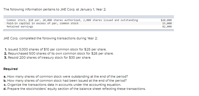 The following information pertains to JAE Corp. at January 1. Year 2:
Common stock, $10 par, 20,8ee shares authorized, 2,e00 shares issued and outstanding
Paid-in capital in excess of par, common stock
Retained earnings
$20, 000
15,000
82,000
JAE Corp. completed the following transactions during Year 2:
1. Issued 3,000 shares of $10 par common stock for $25 per share.
2. Repurchased 500 shares of its own common stock for $26 per share.
3. Resold 200 shares of treasury stock for $30 per share.
Requlred
a. How many shares of common stock were outstanding at the end of the period?
b. How many shares of common stock had been issued at the end of the period?
c. Organize the transactions data in accounts under the accounting equation.
d. Prepare the stockholders' equity section of the balance sheet reflecting these transactions.
