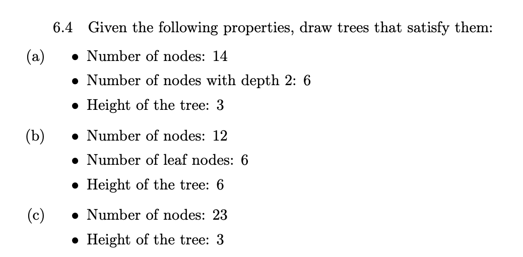 (a)
(b)
(c)
6.4
Given the following properties, draw trees that satisfy them:
Number of nodes: 14
• Number of nodes with depth 2: 6
Height of the tree: 3
• Number of nodes: 12
• Number of leaf nodes: 6
Height of the tree: 6
Number of nodes: 23
Height of the tree: 3