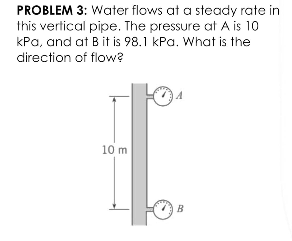 PROBLEM 3: Water flows at a steady rate in
this vertical pipe. The pressure at A is 10
kPa, and at B it is 98.1 kPa. What is the
direction of flow?
A
10 m
B
