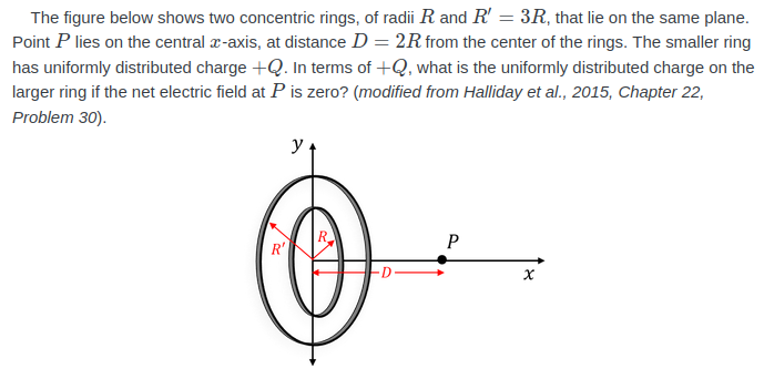 The figure below shows two concentric rings, of radii R and R' = 3R, that lie on the same plane.
Point P lies on the central r-axis, at distance D = 2R from the center of the rings. The smaller ring
has uniformly distributed charge +Q. In terms of +Q, what is the uniformly distributed charge on the
larger ring if the net electric field at P is zero? (modified from Halliday et al., 2015, Chapter 22,
Problem 30).
y
P
R
