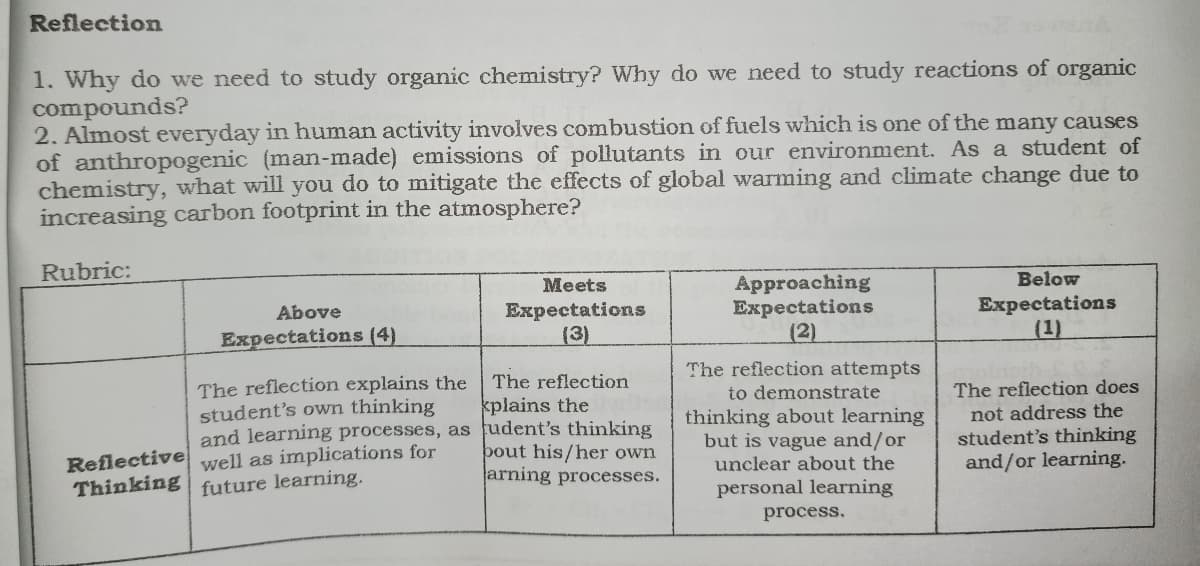 Reflection
1. Why do we need to study organic chemistry? Why do we need to study reactions of organic
compounds?
2. Almost everyday in human activity involves combustion of fuels which is one of the many causes
of anthropogenic (man-made) emissions of pollutants in our environment. As a student of
chemistry, what will you do to mitigate the effects of global warming and climate change due to
increasing carbon footprint in the atmosphere?
Rubric:
Meets
Approaching
Expectations
(2)
Below
Above
Expectations (4)
Expectations
(3)
Expectations
(1)
The reflection attempts
The reflection explains the
student's own thinking
and learning processes, as fudent's thinking
well as implications for
future learning.
The reflection
to demonstrate
The reflection does
not address the
student's thinking
and/or learning.
kplains the
Reflective
Thinking
bout his/her own
arning processes.
thinking about learning
but is vague and/or
unclear about the
personal learning
process,
