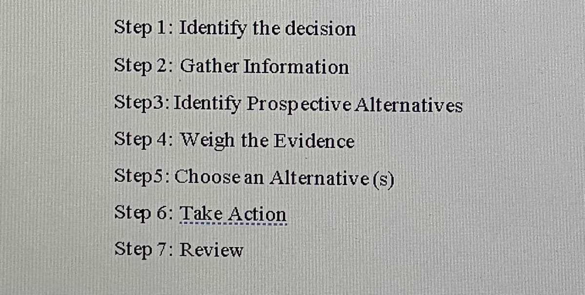 Step 1: Identify the decision
Step 2: Gather Information
Step3: Identify Prospective Alternatives
Step 4: Weigh the Evidence
Step5: Choose an Alternative (s)
Step 6: Take Action
Step 7: Review
