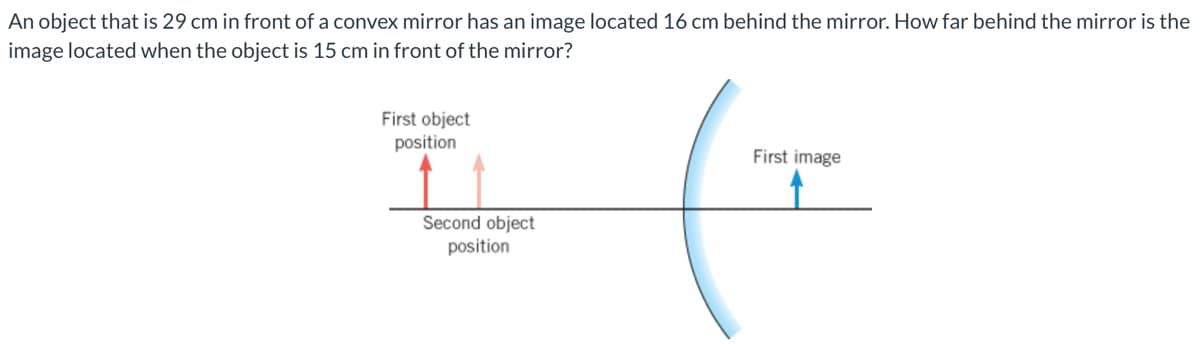 An object that is 29 cm in front of a convex mirror has an image located 16 cm behind the mirror. How far behind the mirror is the
image located when the object is 15 cm in front of the mirror?
First object
position
First image
Second object
position
