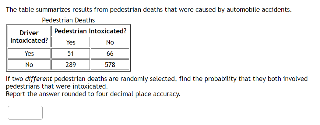The table summarizes results from pedestrian deaths that were caused by automobile accidents.
Pedestrian Deaths
Pedestrian Intoxicated?
Driver
Intoxicated?
Yes
No
Yes
51
66
No
289
578
If two different pedestrian deaths are randomly selected, find the probability that they both involved
pedestrians that were intoxicated.
Report the answer rounded to four decimal place accuracy.
