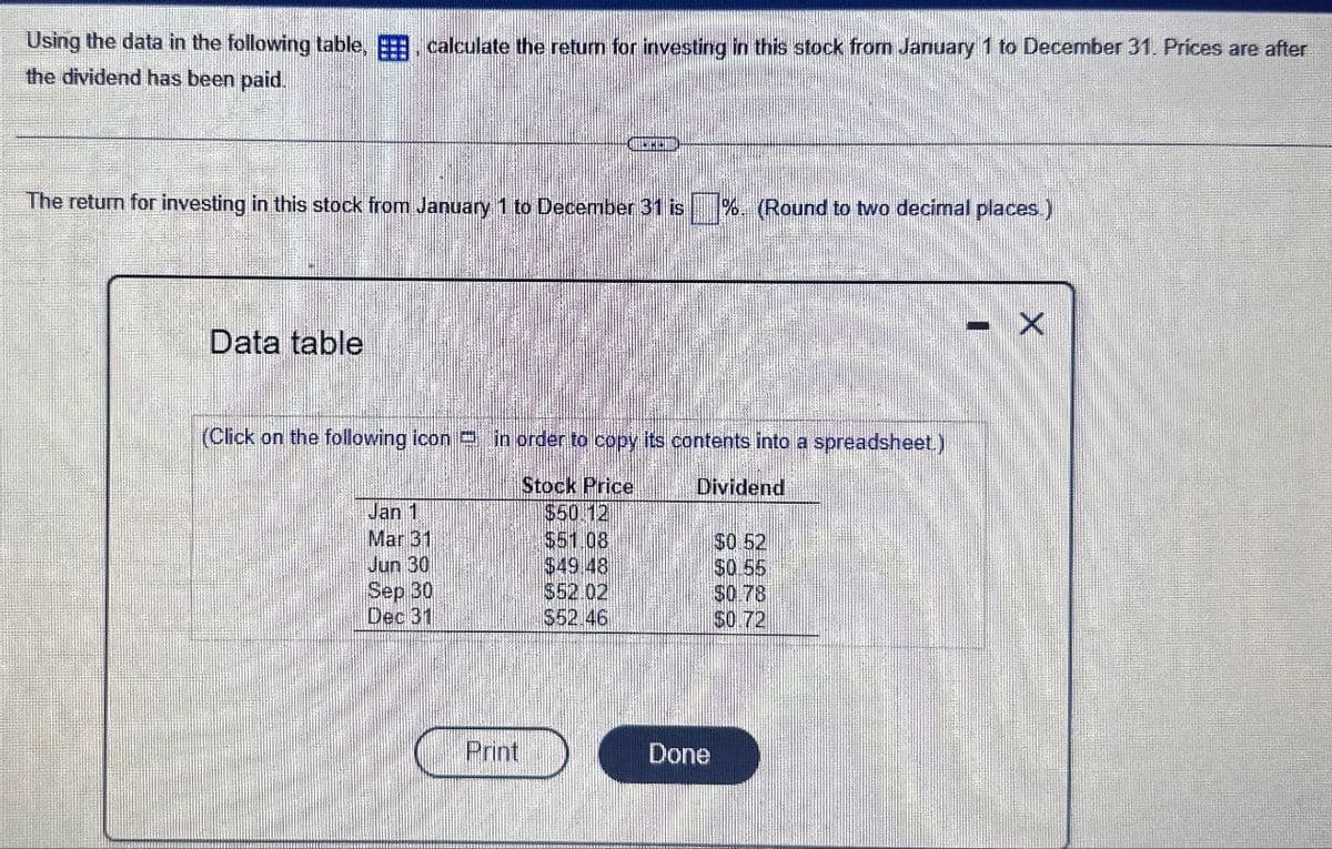 Using the data in the following table, calculate the return for investing in this stock from January 1 to December 31. Prices are after
the dividend has been paid.
1%
The return for investing in this stock from January 1 to December 31 is %. (Round to two decimal places.)
Data table
(Click on the following icon in order to copy its contents into a spreadsheet.)
Stock Price
Dividend
Jan 1
$50 12
Mar 31
$51.08
$0.52
Jun 30
$49 48
$0.55
Sep 30
$52.02
$0.78
Dec 31
$52.46
$0.72
Print
Done