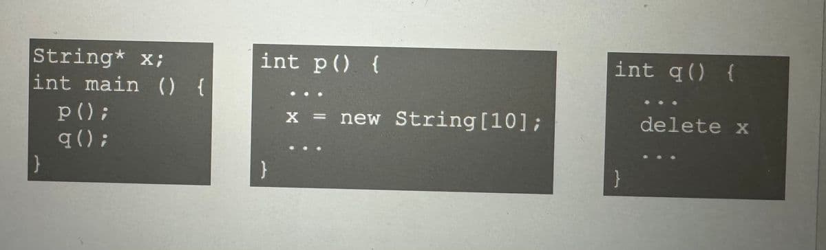 String* x;
int main () {
}
P();
q();
int p() {
}
= new String [10];
X =
int q () {
}
delete x